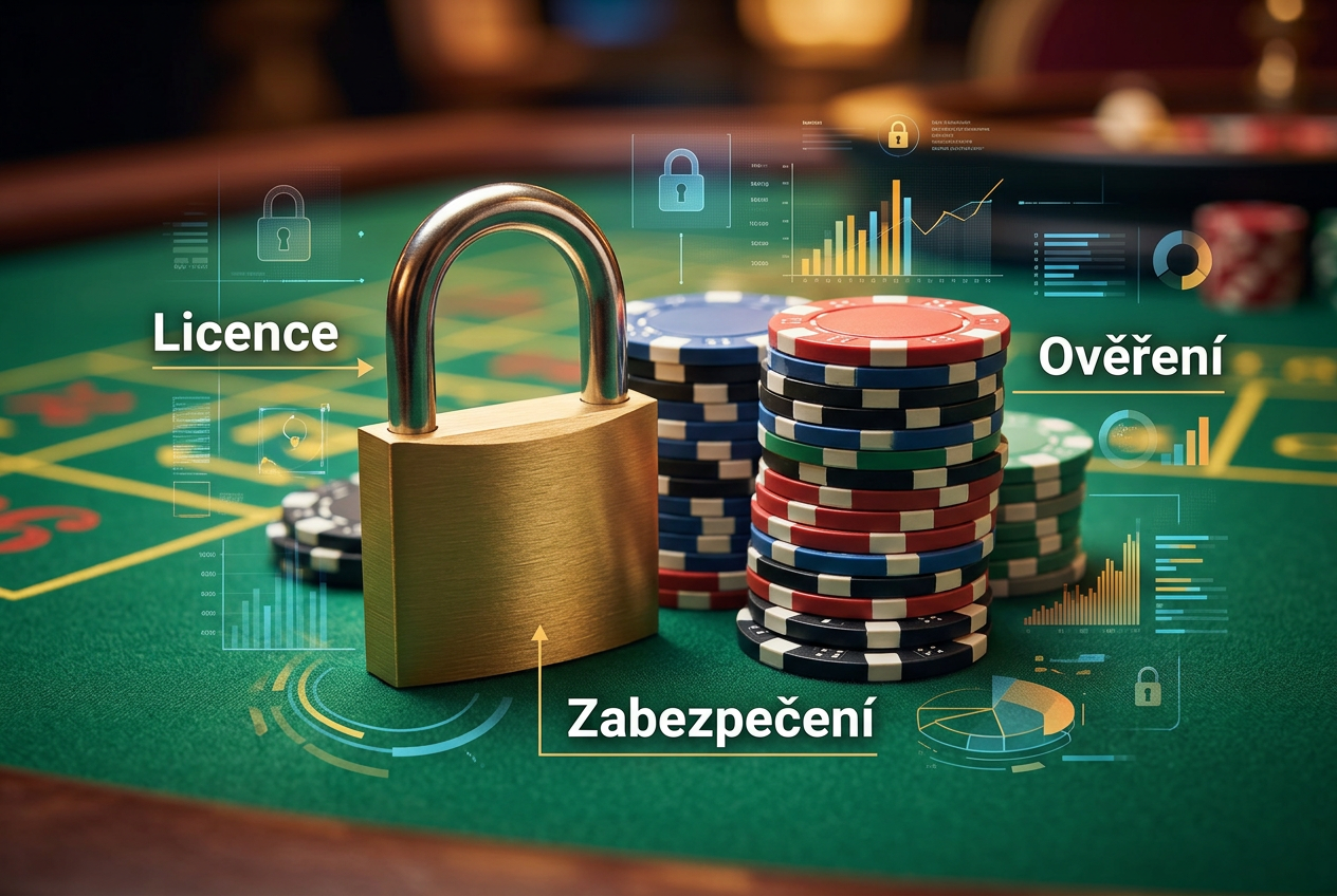 Infografika zobrazující unifikovaný bezpečnostní zámek na zeleném plátně s českým textem o ověření a licenci